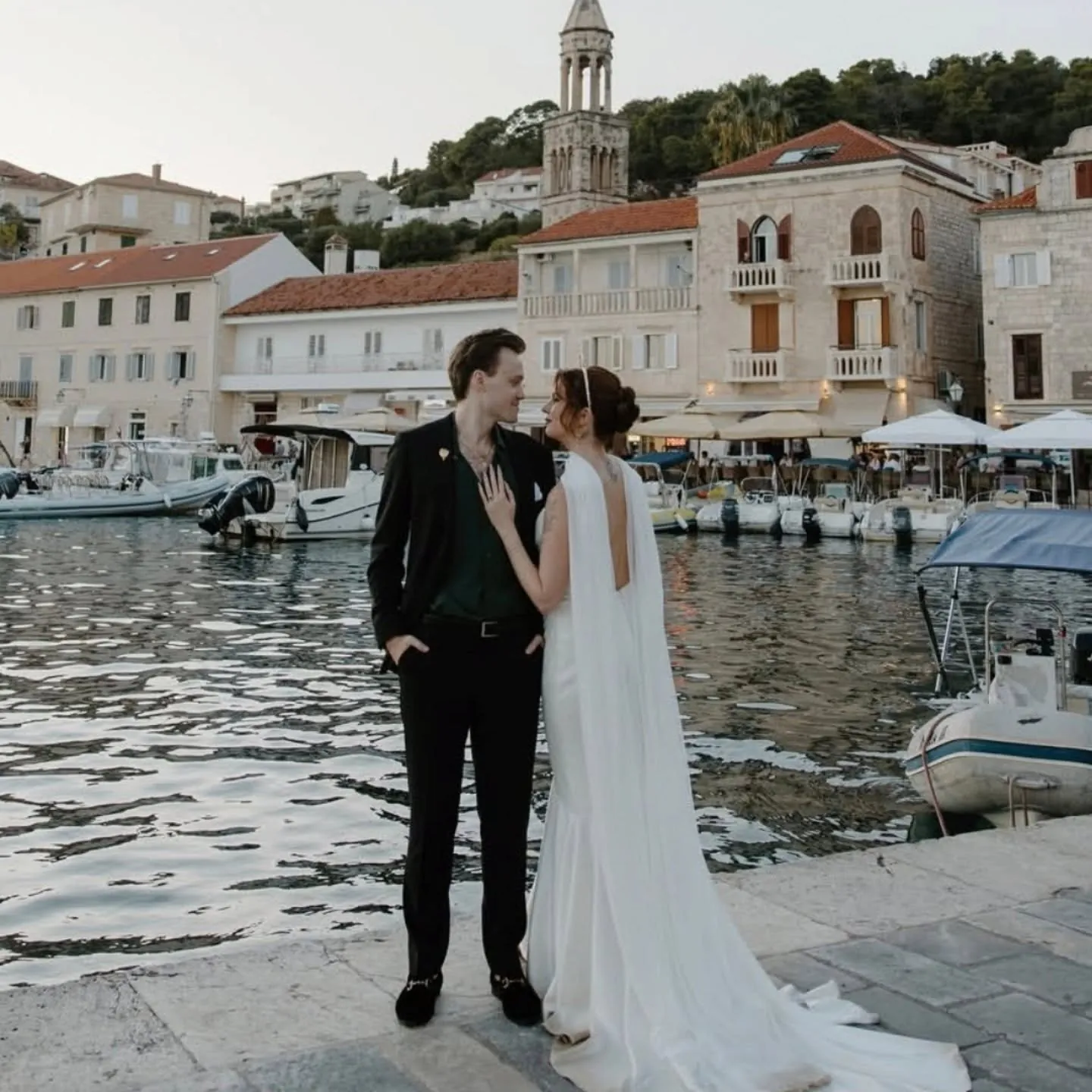 Bride and groom on the Hvar town waterfront